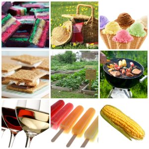 rainbow cookies, picnic, ice cream, s'mores, ice cream, grill, wine, popsicles, corn