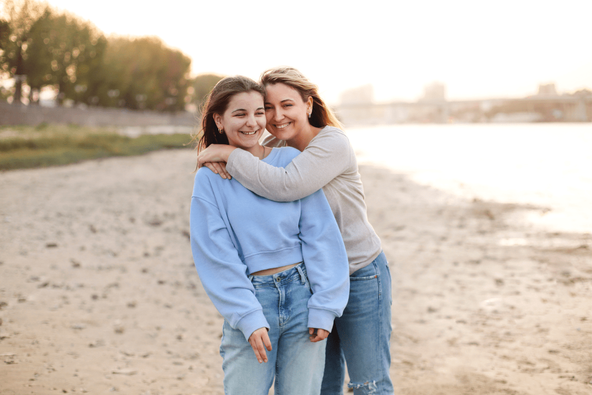 mom and teen daughter on beach, dates with kids in Boston, things to do with kids