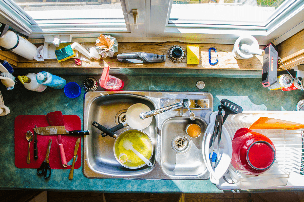 messy kitchen with dirty dishes, messy house