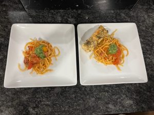 Plated meal of pasta