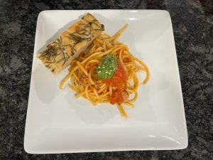 Plated meal of pasta