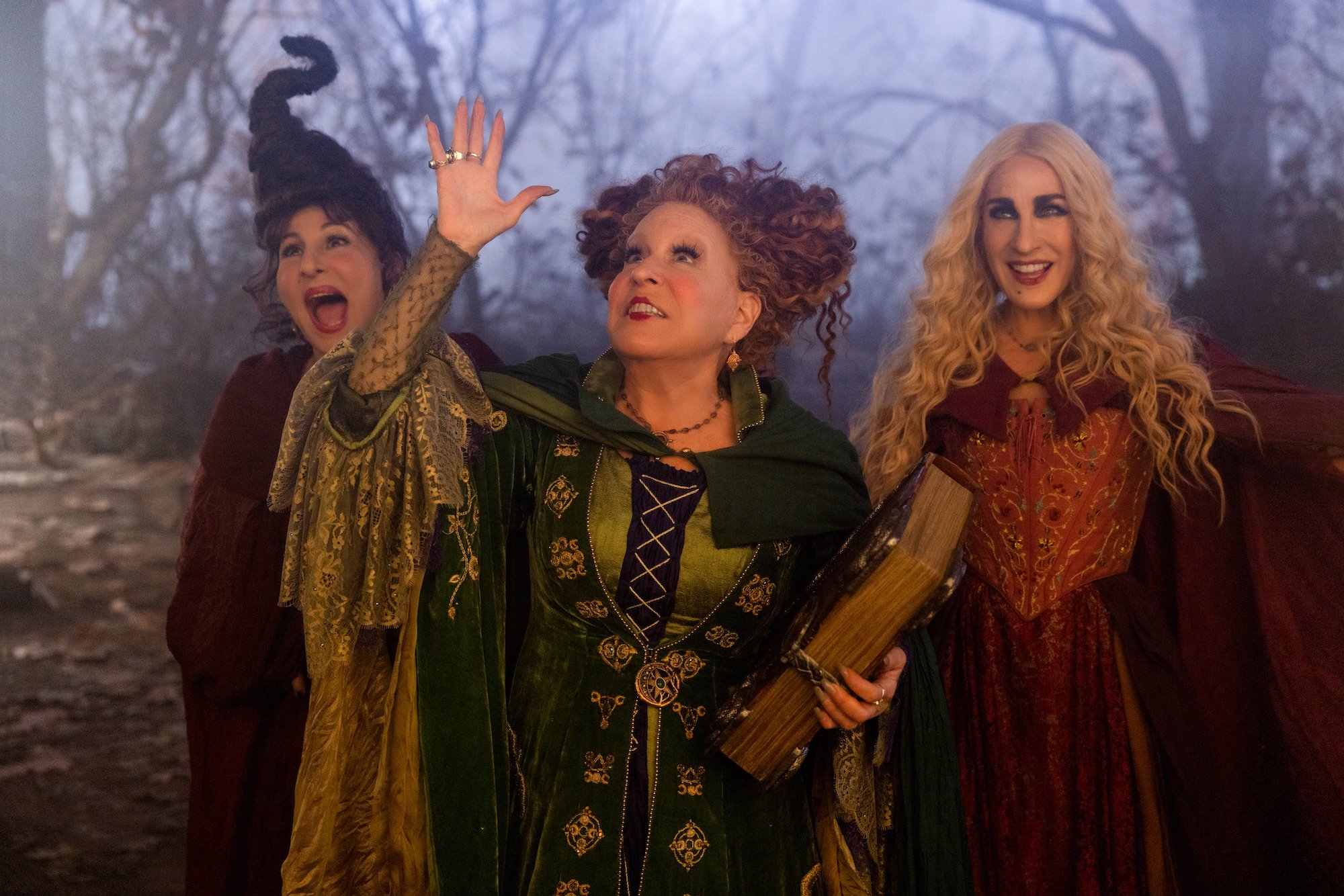 Kathy Najimy as Mary Sanderson, Bette Midler as Winifred Sanderson, and Sarah Jessica Parker as Sarah Sanderson in Disney's live-action HOCUS POCUS 2, exclusively on Disney+. Photo by Matt Kennedy. © 2022 Disney Enterprises, Inc. All Rights Reserved. Halloween movies.