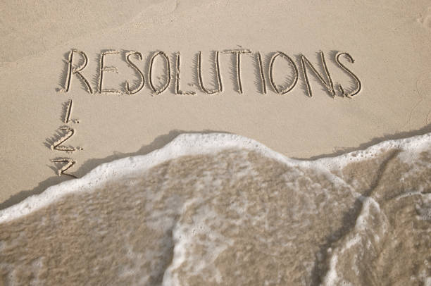 "Resolutions" written in sand with a wave about to wash the letters away, illustrating the idea that the new year doesn't have to bring a "new you"