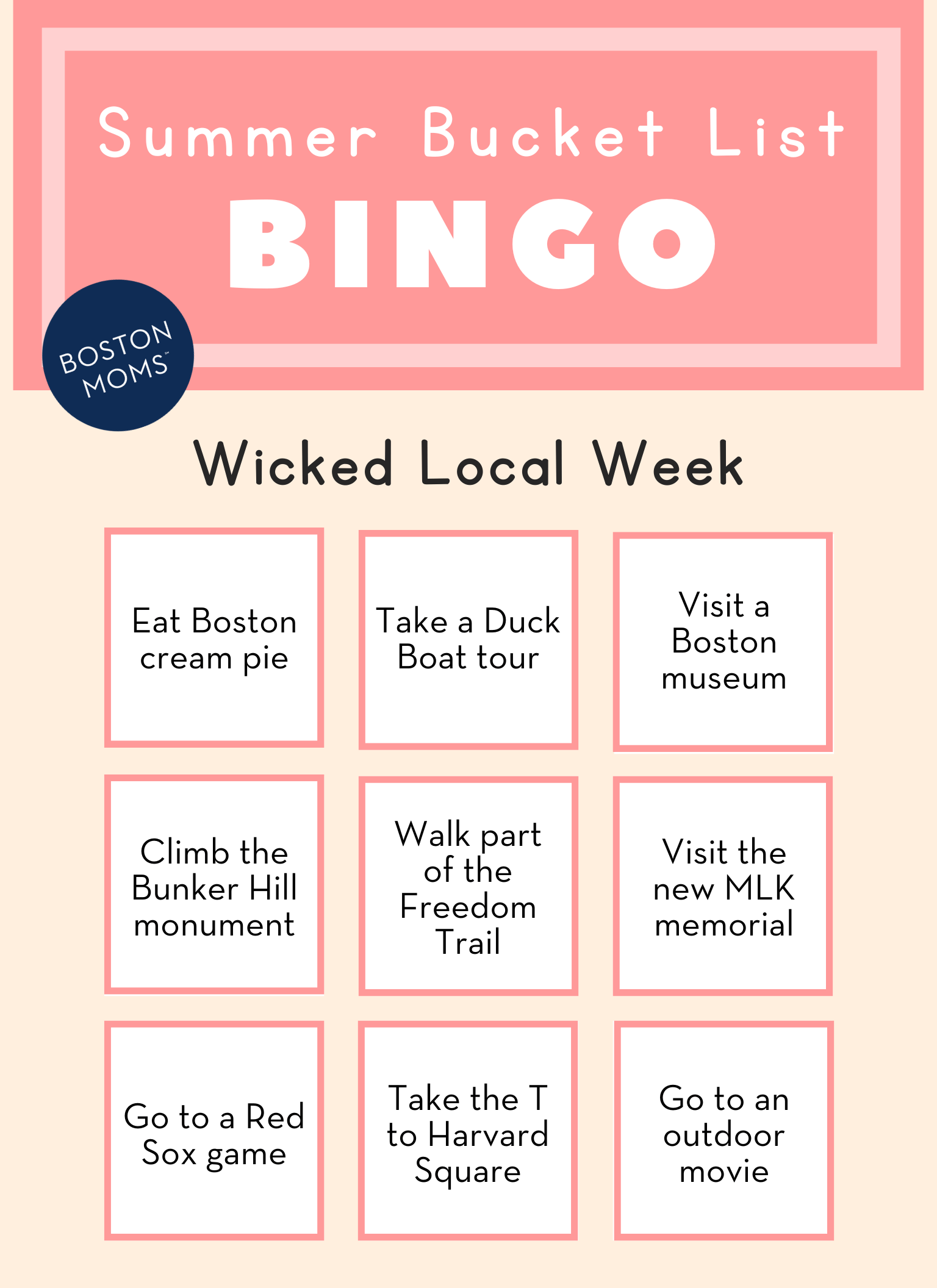 Boston summer bucket list for kids - wicked local week bingo