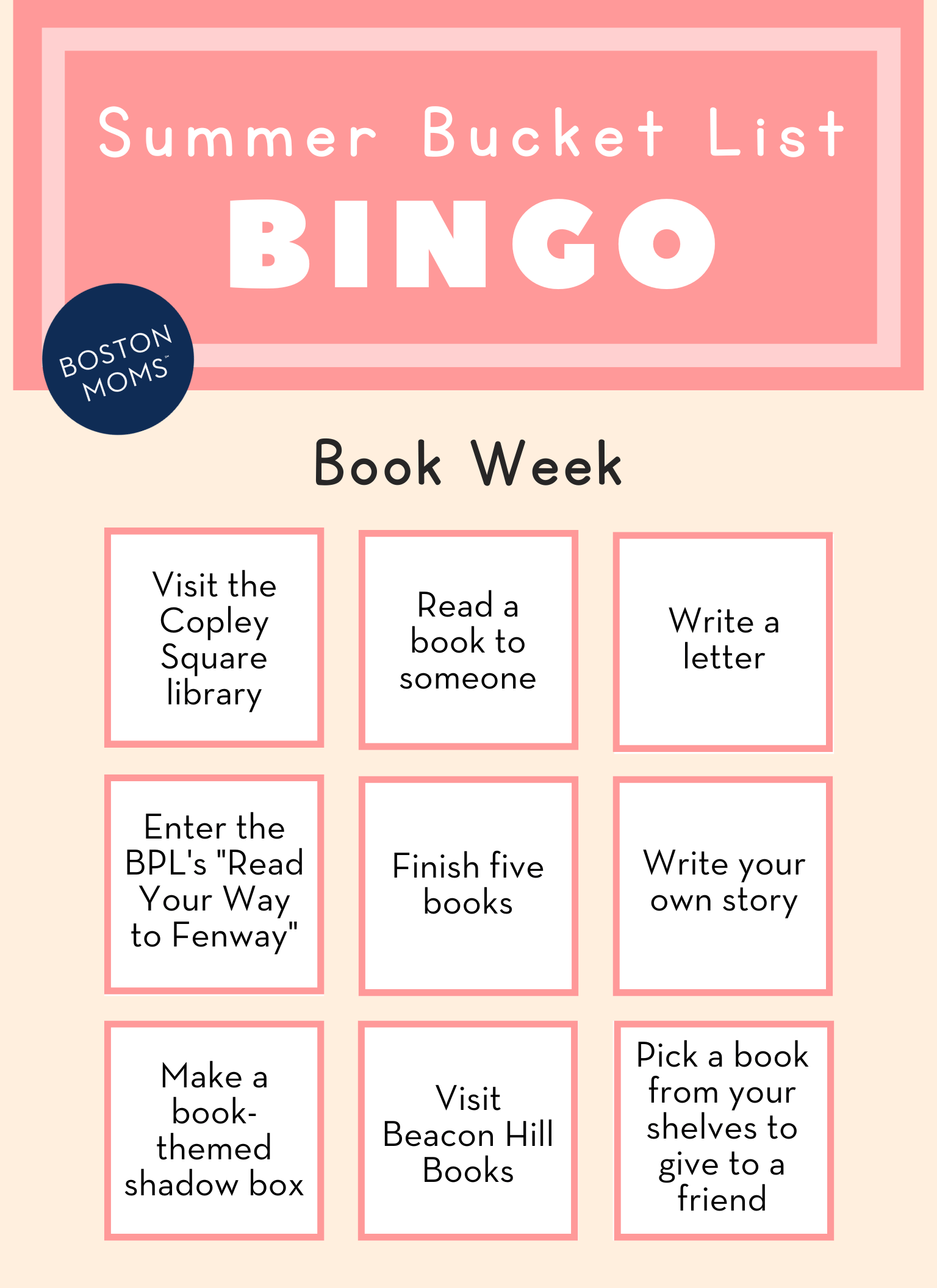 Boston summer bucket list for kids - book week bingo