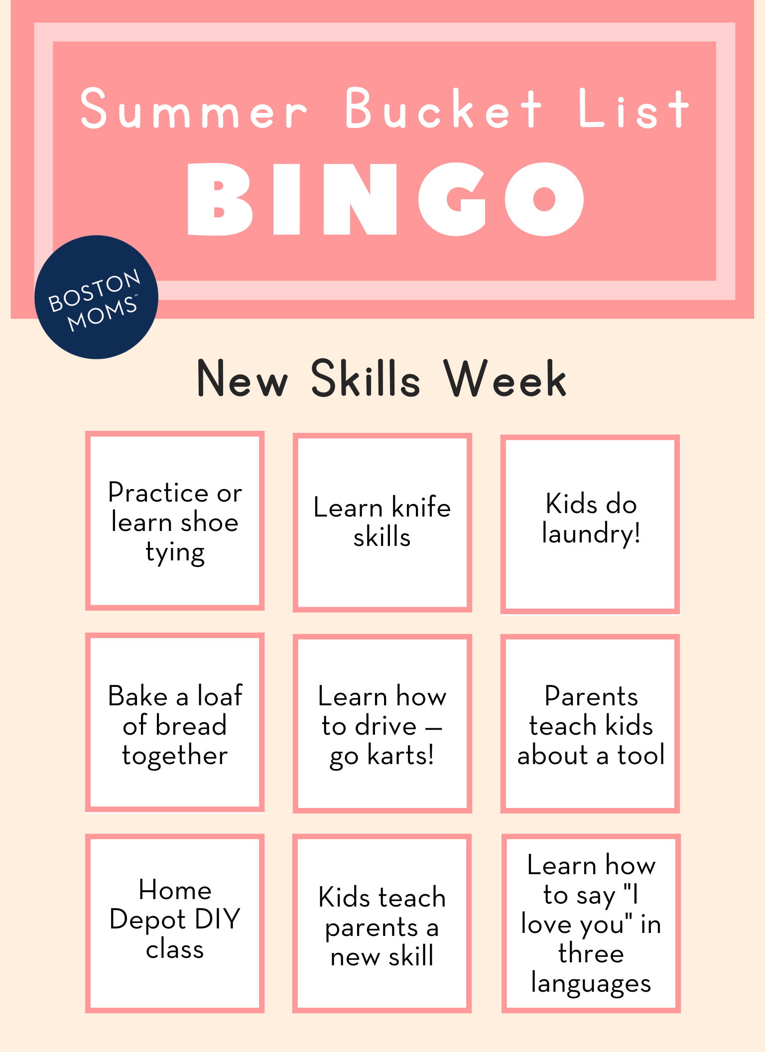 Boston summer bucket list for kids - learn a new skill week bingo