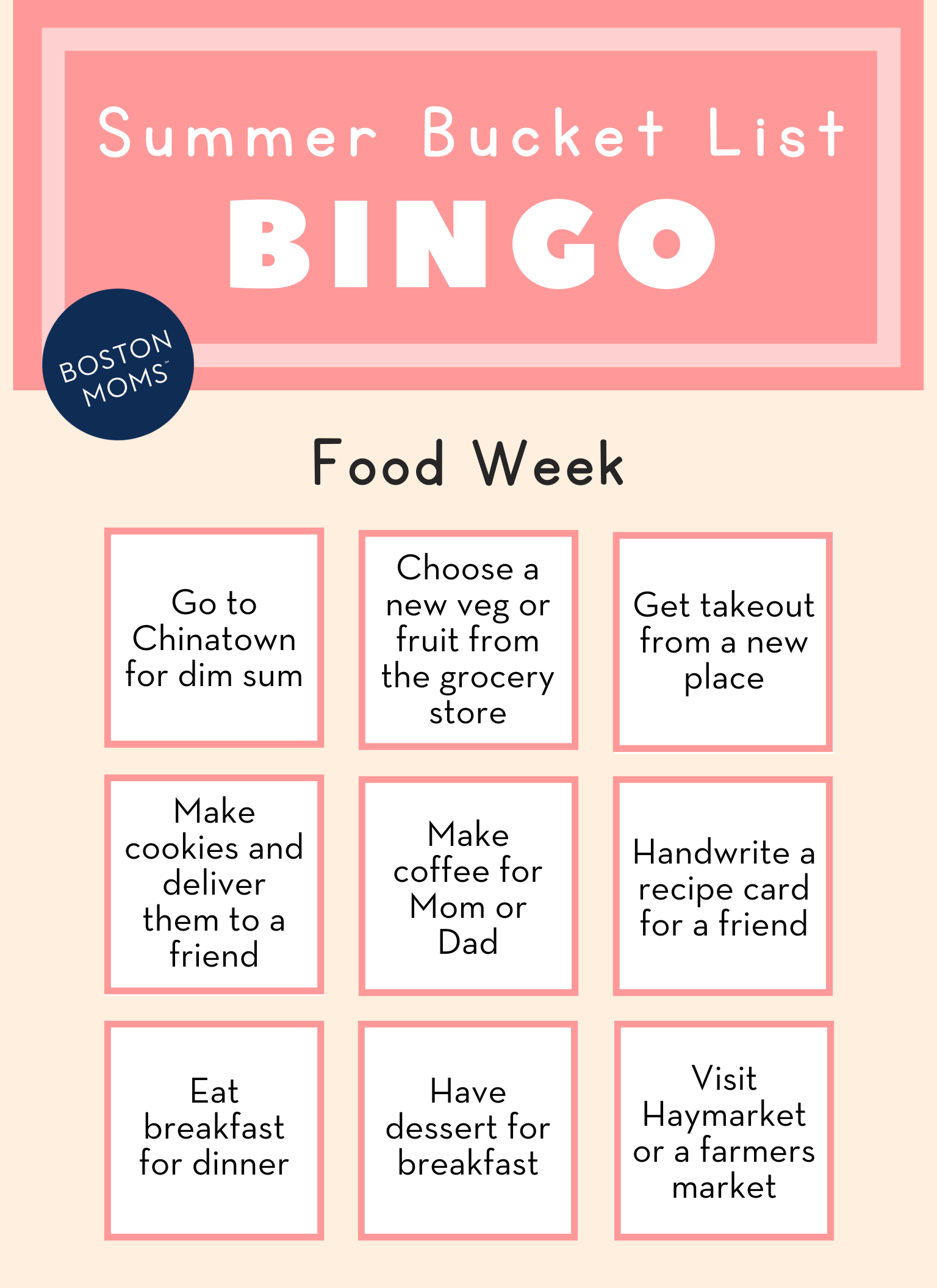 Boston summer bucket list for kids - food week bingo