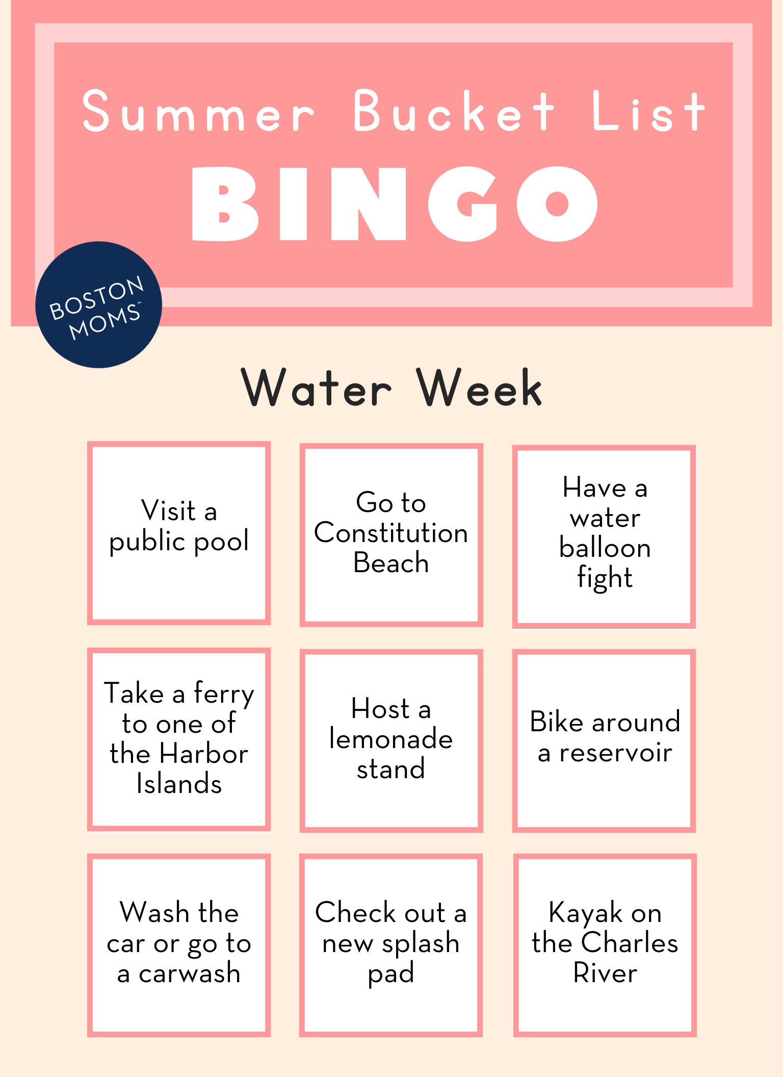 Boston summer bucket list for kids - water week bingo