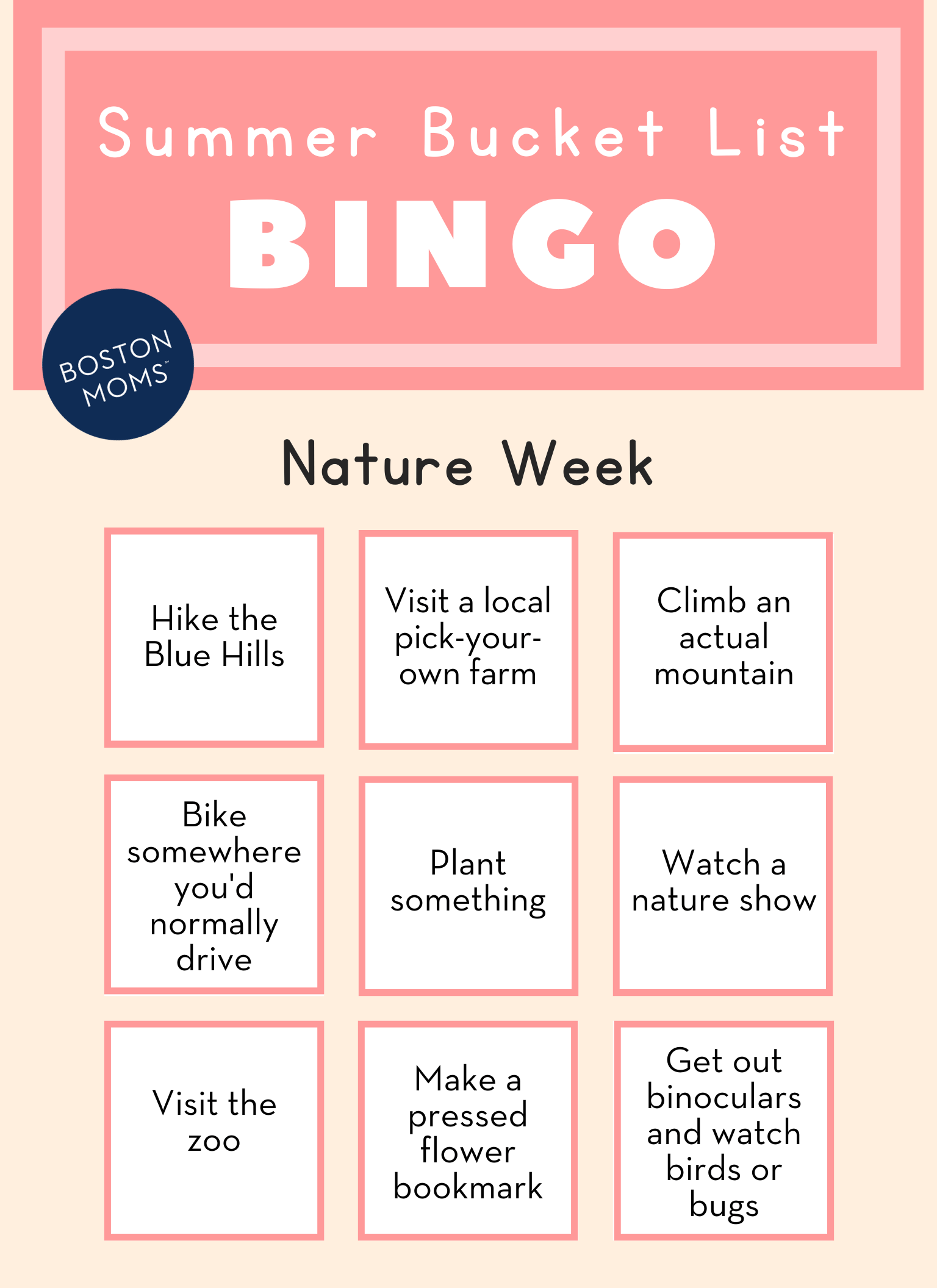 Boston summer bucket list for kids - nature week bingo