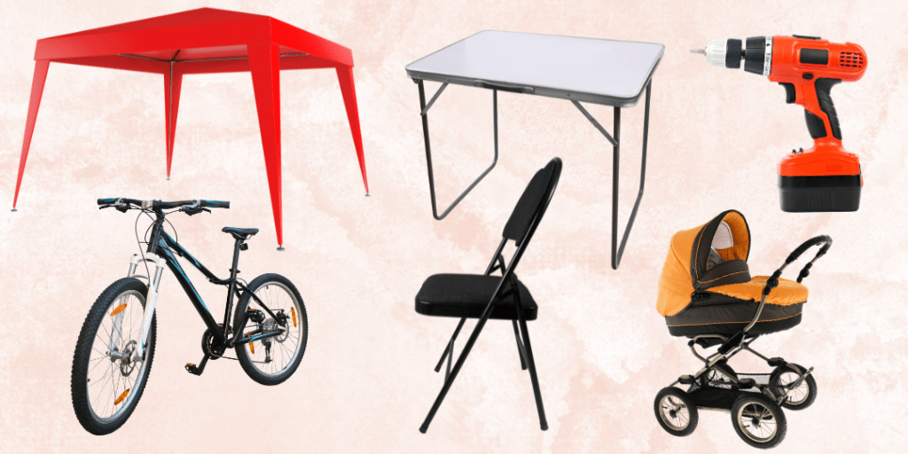 Items to rent with Keenee, table, chair, stroller, tools