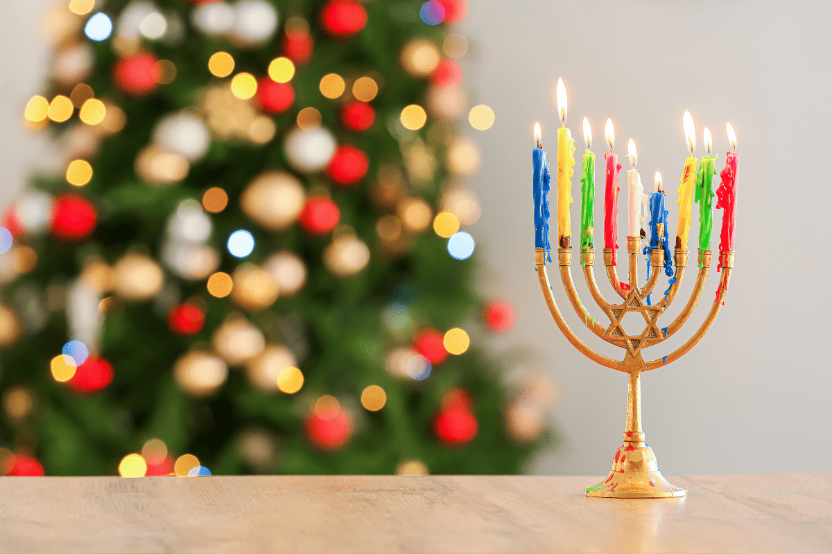 Hanukkah menorah and Christmas tree (interfaith family celebrates both)