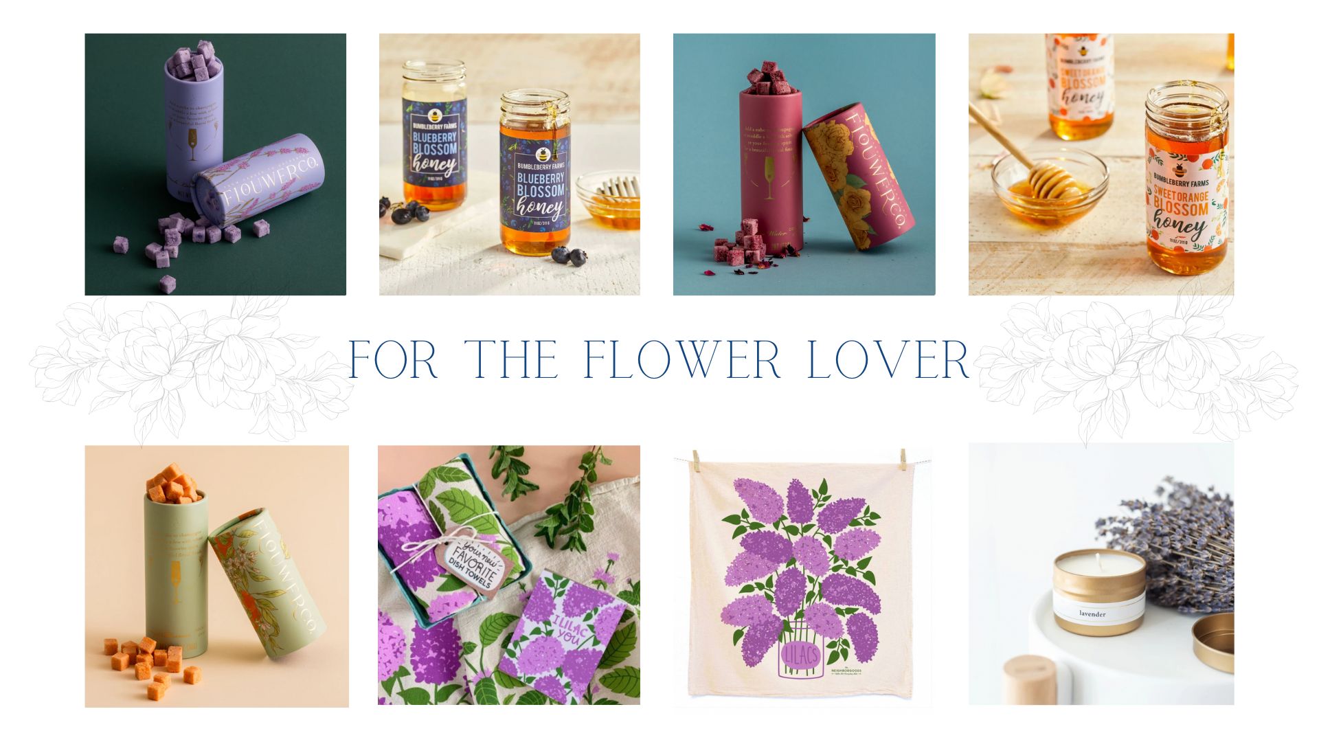Banner with images of Mother's Day gifts related to flowers